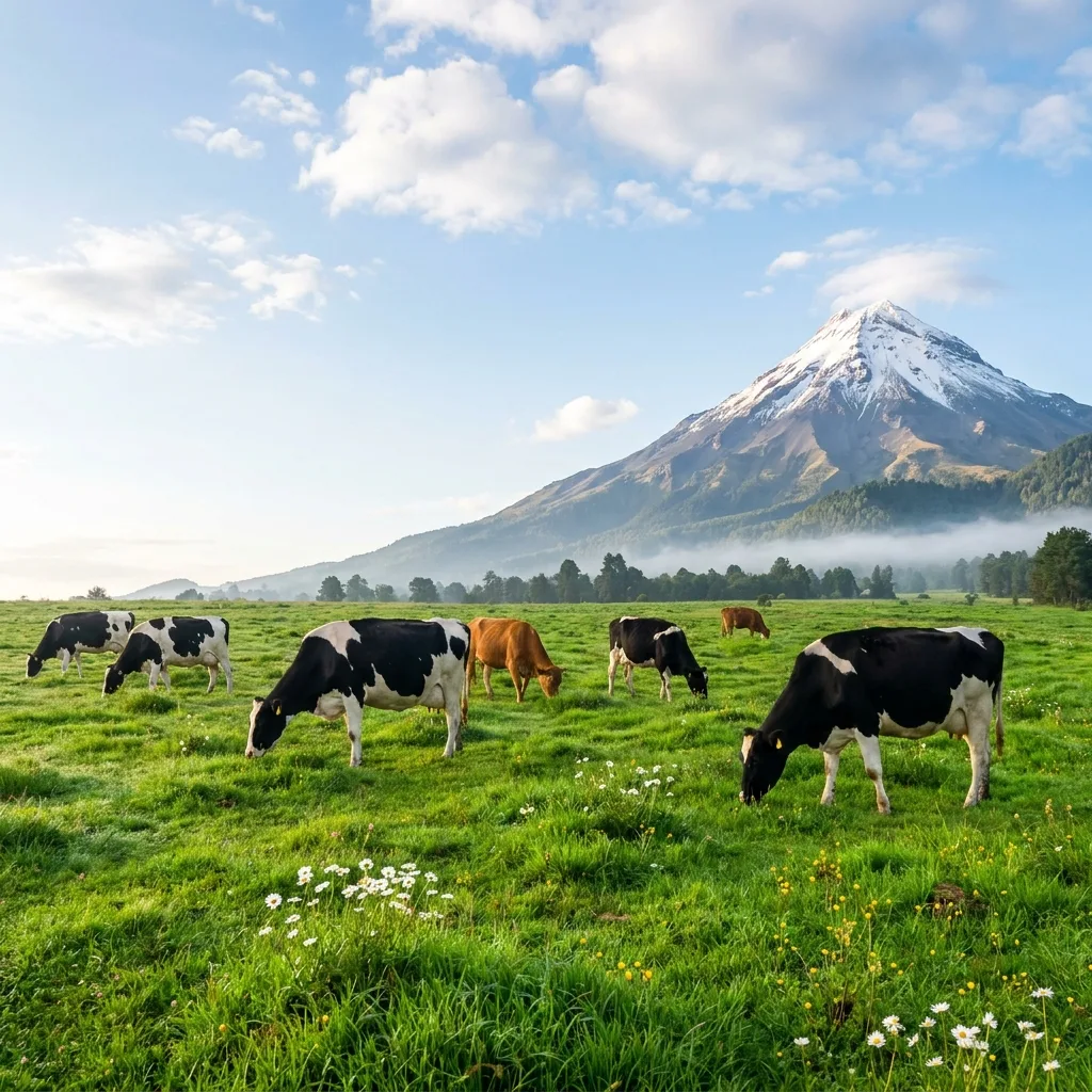 Vacas lecheras pastando en una pradera fresca con el Nevado de Colima nevado al fondo