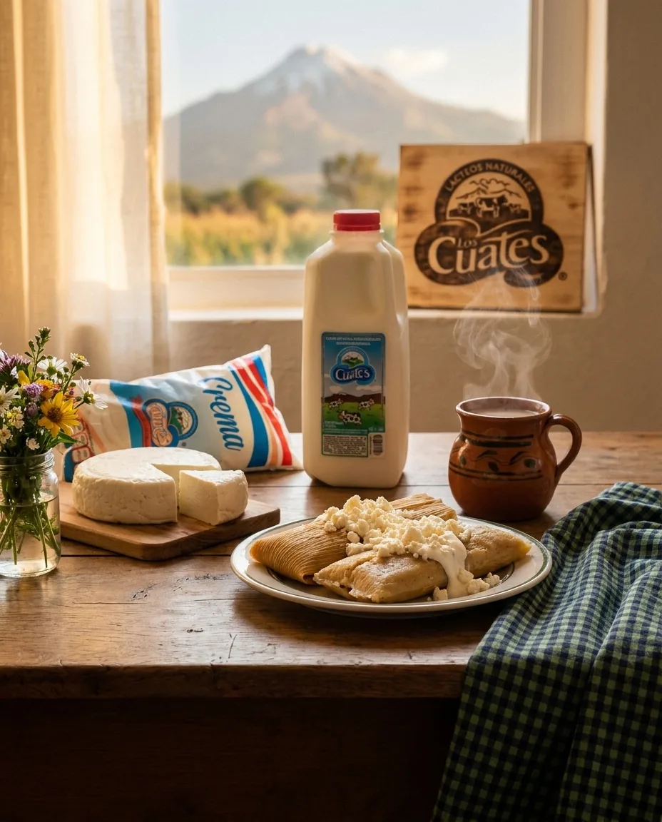 Mesa familiar del Sur de Jalisco con tamales bañados en crema y queso Los Cuates, un galón de leche, un jarrito de atole humeante y el Nevado de Colima al fondo