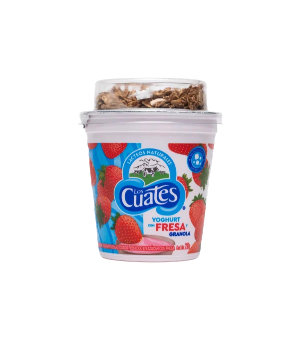 Fresa Cremoso 200 ml con granola, marca Los Cuates